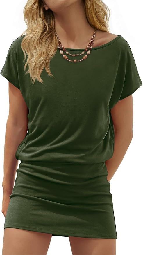 Wenrine Womens Summer Mini Dress 2026 Casual Short Sleeve Crewneck Beach Vacation Ruched Bodycon ... | Amazon (US)