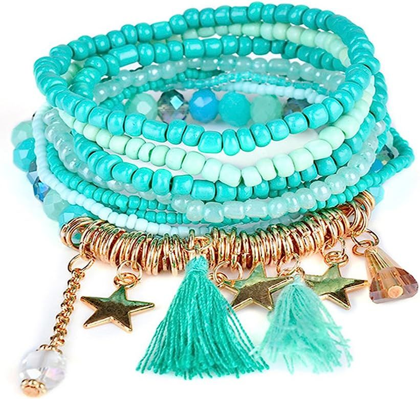 Stretch Multilayer Beaded Bracelets Stackable Bracelets, Colorful Strand Beach Bangle Crystal Boh... | Amazon (US)