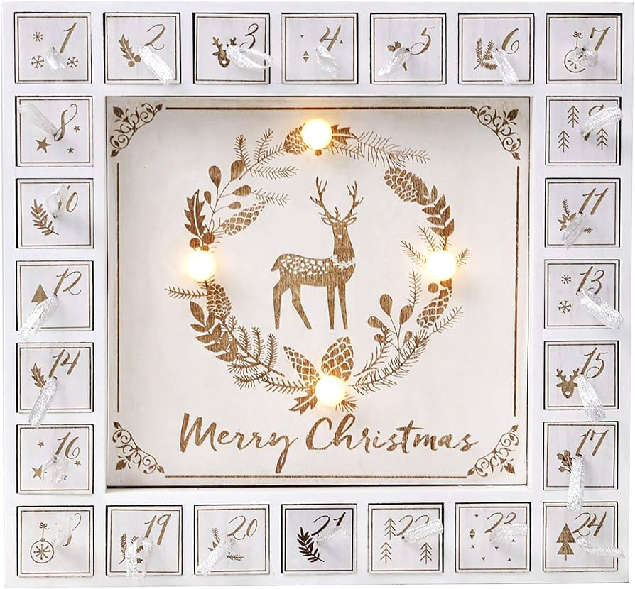 Wooden Advent Calendar with Drawers and LED Lighting White Christmas Countdown Xmas Decoration | Amazon (US)