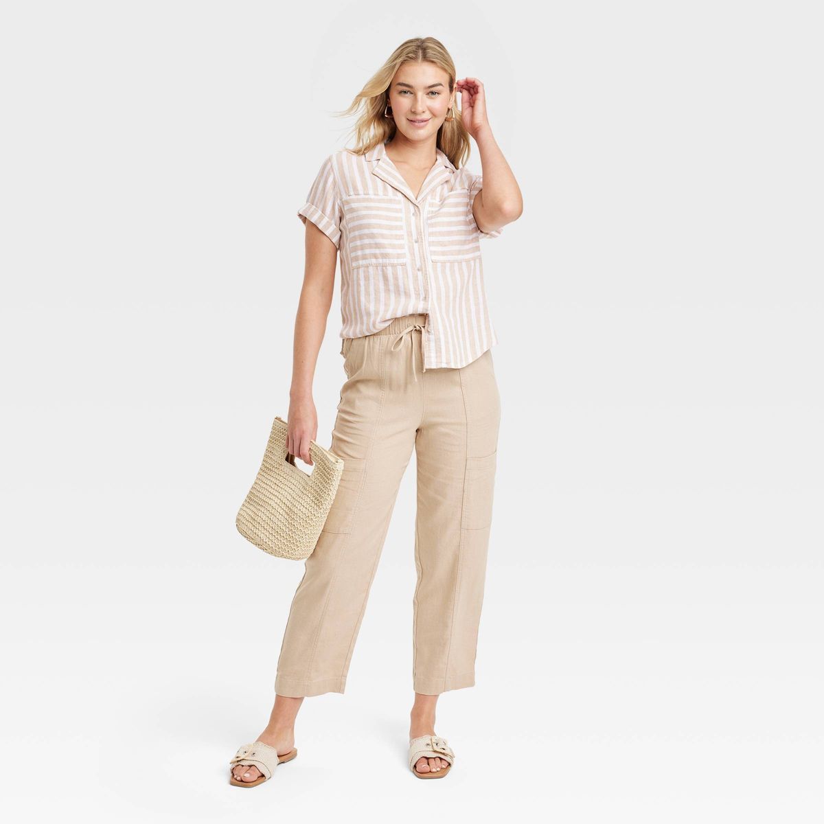 Women's Short Sleeve Collared Button-Down Shirt - Universal Thread™ Tan Striped S | Target
