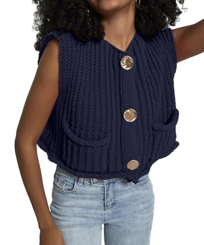 Women's Sleeveless Crochet Cardigan Vest Casual Fashion Button Down Open Front Sweater Vest with Pockets (Navy, L) | Amazon (US)
