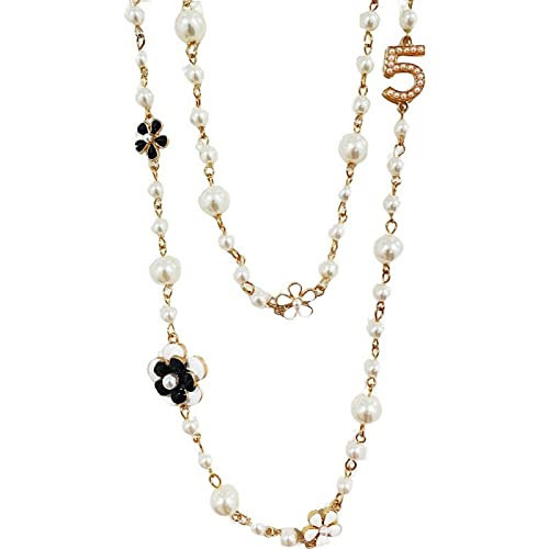 Designer Imitation Pearl Neckalce Camellia Flower Number 5 Long Layered Charm Sweater Neckalce for Women | Amazon (US)