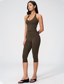 Women 2 Piece Workout Set V Neck Halter Tank Top and High Waist Capri Pants Yoga Pilates Outfits | Amazon (US)