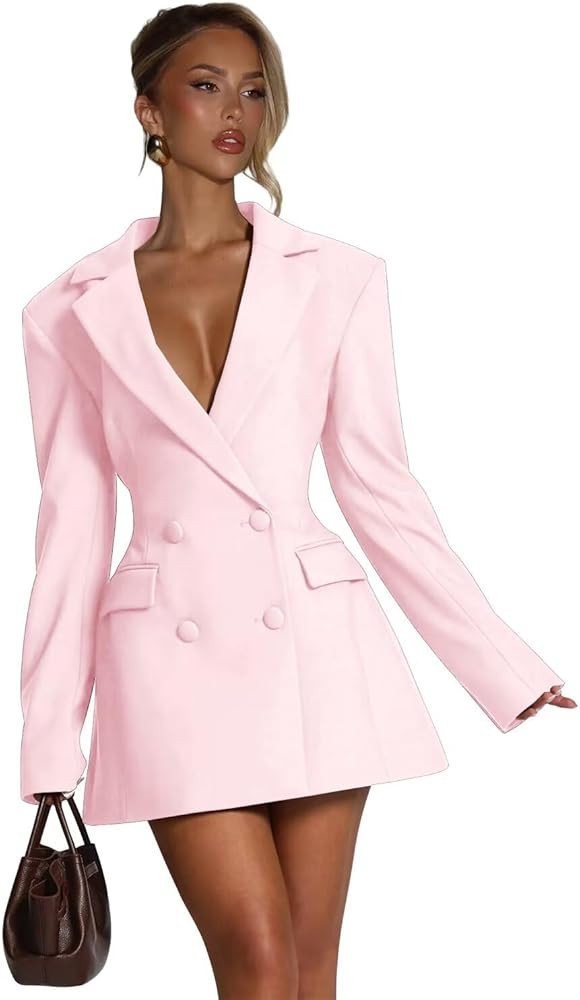 Blazer Dress for Women Sexy Elegant Double Breasted Blazer Dress Long Sleeve Jacket Dresses V Nec... | Amazon (US)