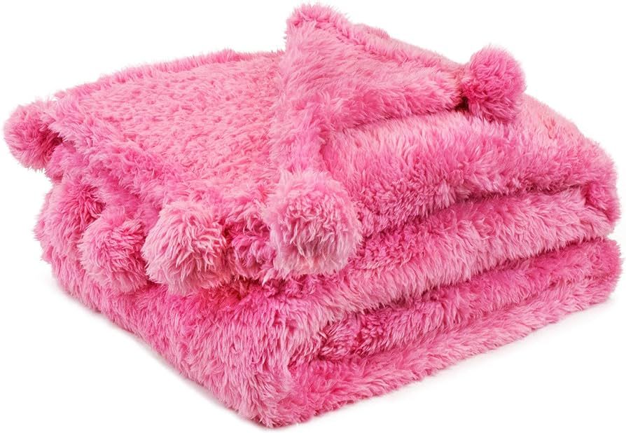PAVILIA Hot Pink Sherpa Throw Blanket with Soft Pom Pom Fringe, Plush Cozy Warm Blankets for Couc... | Amazon (US)