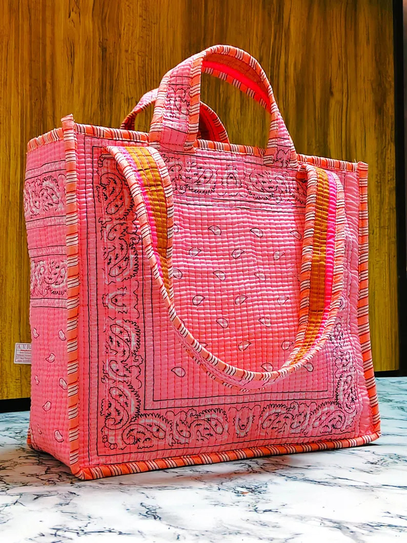 Quilted Cotton Tote Bag: Pink Bandana Print, Lightweight Shopping Bag - Etsy | Etsy (US)