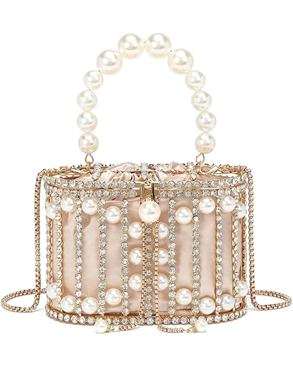 Women Rhinestone Cage Bag Sparkling Hollow Pearl Evening Clutch Glitter Double-layer Detachable B... | Amazon (US)