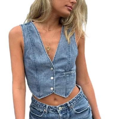 Jean Vests for Women Crop Denim Top Button Down Waistcoat Vest Tank Tops Fashion Casual Sleeveless Jacket Dark Blue Small | Target