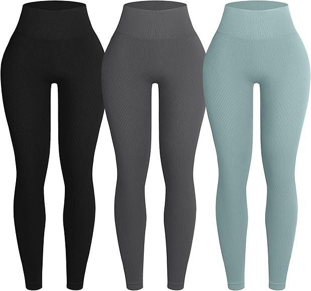 OVESPORT 3 Piece Ribbed Seamless Leggings for Women High Waist Workout Gym Athletic Yoga Pants | Amazon (US)