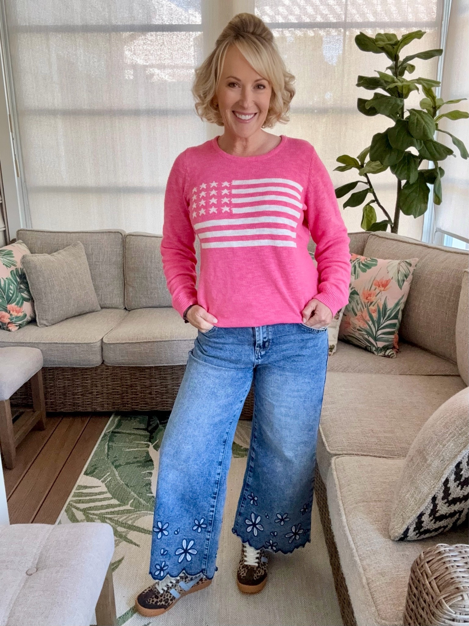 Feelin pretty (and patriotic!) in pink 🩷 I’m loving this fun Belle by Kim Gravel sweater that comes in so many pretty colors! I paired it with my favorite statement jeans and my leopard sneakers for a pop of pattern. Shop my look!

#LTKootd #LTKgrwm #LTKSeasonal