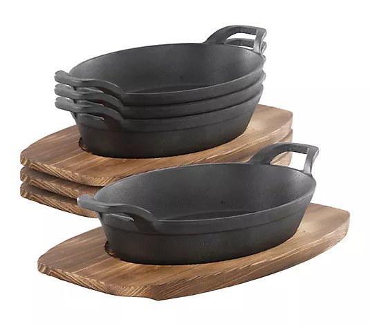 MegaChef 4 Piece Mini Cast Iron Oval Pan with Wood Tray Set | QVC