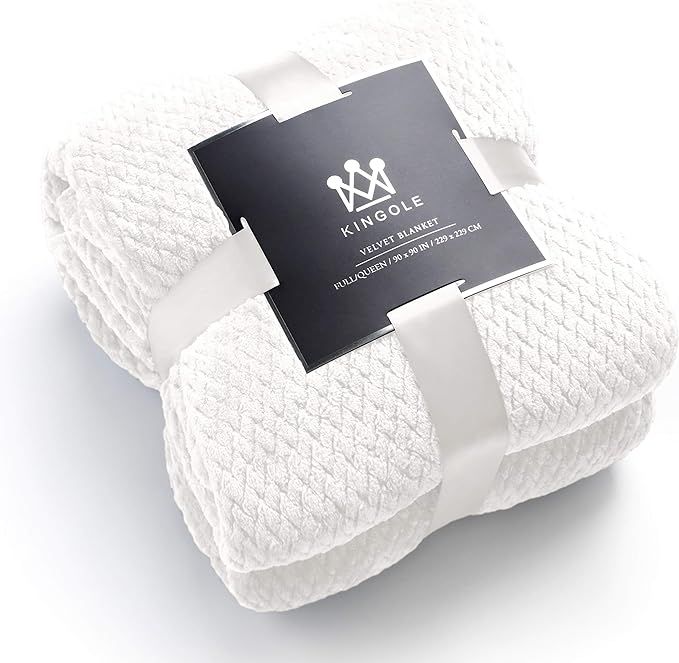 Kingole Flannel Fleece Luxury Throw Blanket, Cream White Queen Size Jacquard Weave Pattern Cozy C... | Amazon (US)