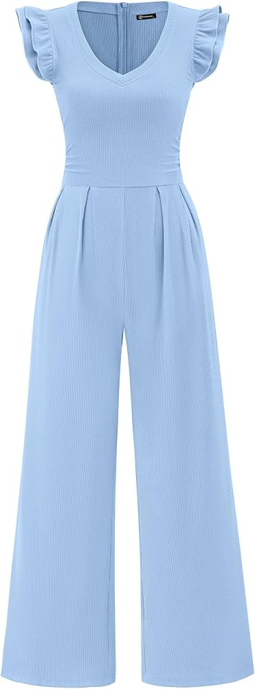 PRETTYGARDEN One Piece Jumpsuits For Women Dressy Ruffle Cap Sleeve V Neck Ribbed Knit Wide Leg R... | Amazon (US)