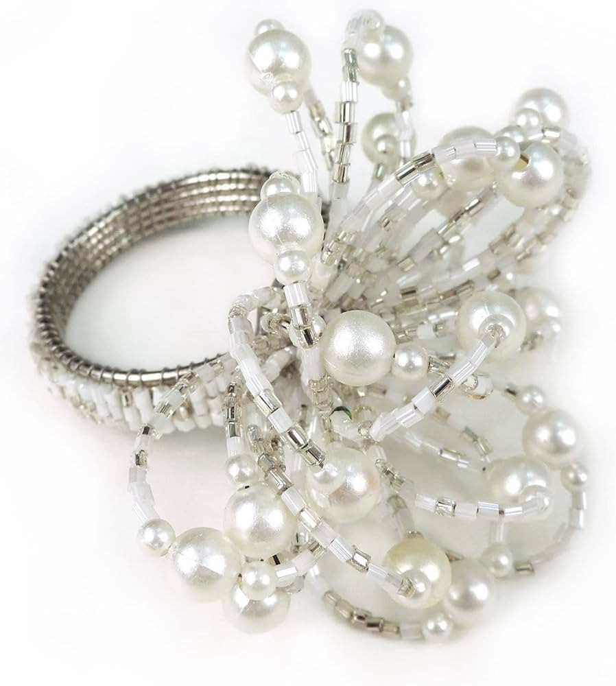 Trunkin Set of 4 White Silver Iron/Glass Bead Flower Shape Napkin Rings for Dinner Table Decorati... | Amazon (US)