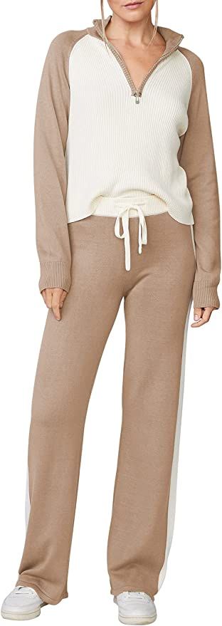 TOLENY Women Casual 2 Piece Tracksuit Outfit Color Block Ribbed Knitted Sweatsuit Lounge Sets | Amazon (US)