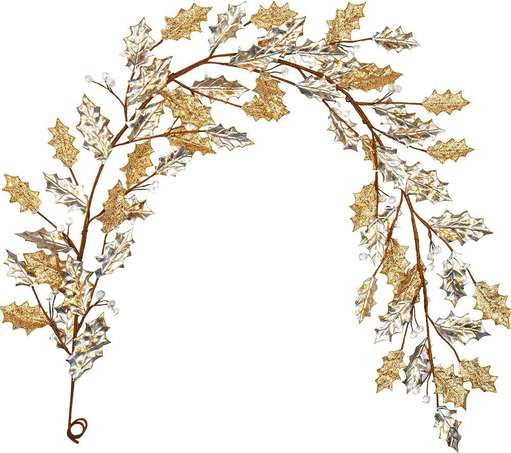 6FT Christmas Garland Artificial Fake Glitter Xmas Garland with Gold Silver Holly Leaves and Acry... | Amazon (US)