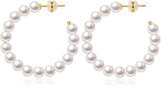 Pearl Hoop Earrings for Women Small Pearl Hoop Earrings 14K Gold Plated Lightweight Open Large Ci... | Amazon (US)