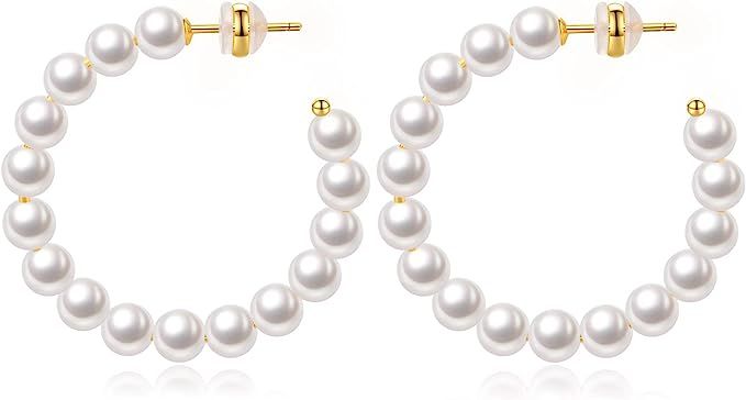 Pearl Hoop Earrings for Women Small Pearl Hoop Earrings ,14K Gold Plated Lightweight Open Large C... | Amazon (US)