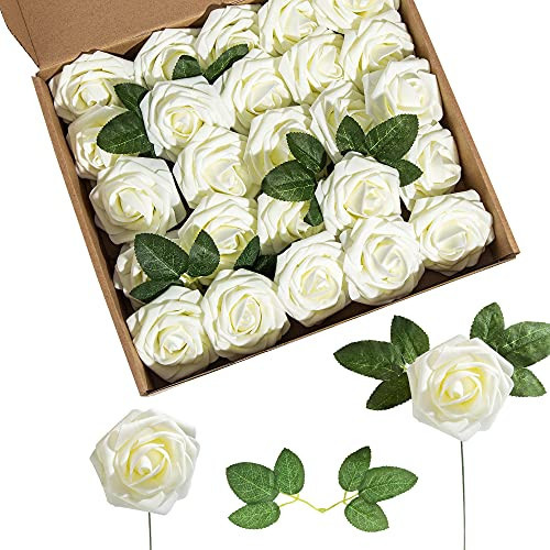 Lansdowns Artificial Flower Foam Rose 25pcs Real Looking Fake Rose with Stems Leaves for Home Decoration Party Garden Centerpieces DIY Wedding Bouquets（Ivory White） | Amazon (US)