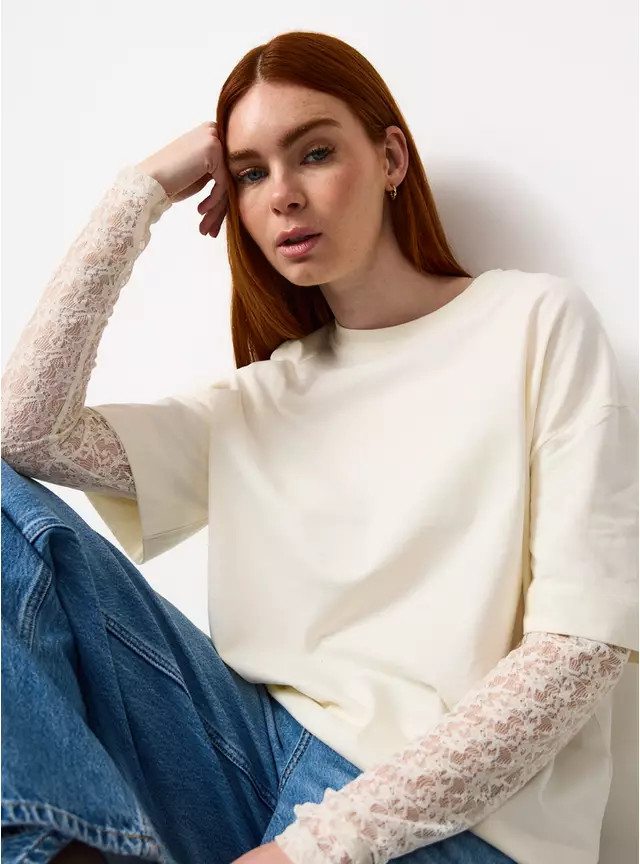 Cream Lace Sleeve Detail Jersey T-Shirt L | Tu Clothing