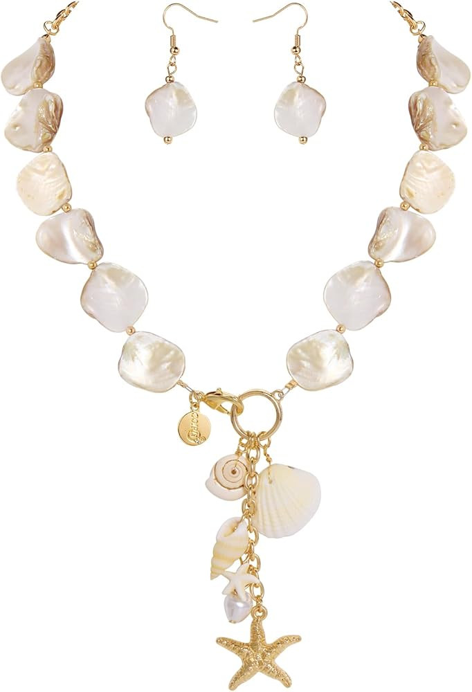 Coiris Natural Seashell Choker Necklaces Earrings Jewelry Set for Women Starfish Shell Freshwater... | Amazon (US)