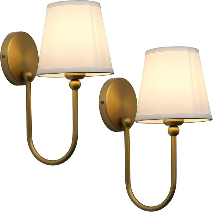 Pathson Set of 2 White Fabric Wall Sconces, Hardwired Curved Arm Bathroom Vanity Lights, Indoor W... | Amazon (US)