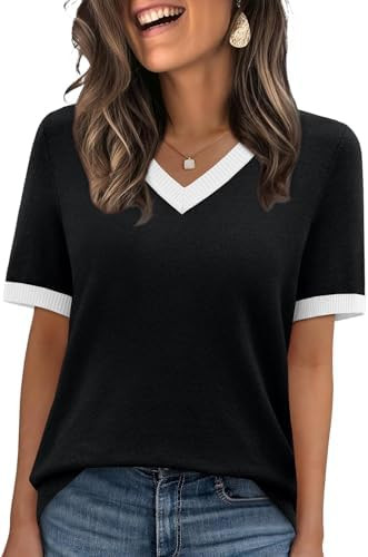 WIHOLL Short Sleeve Sweater for Women V Neck Spring Summer Tops 2026 Work Business Casual Outfits... | Amazon (US)