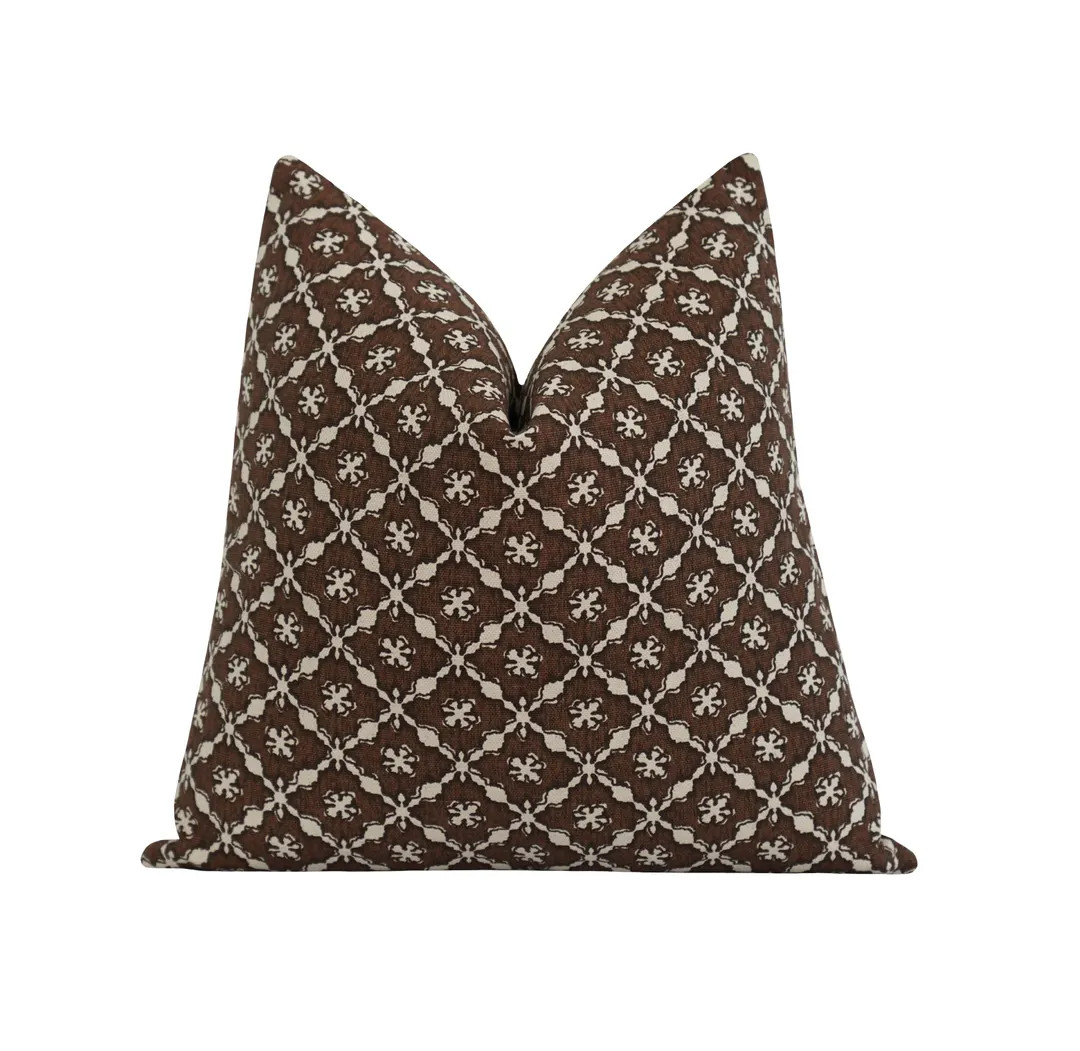 Brown Pillow Cover with Block Print Pattern • Double Sided Cotton Linen Blend Pillow • Natura... | Etsy (US)