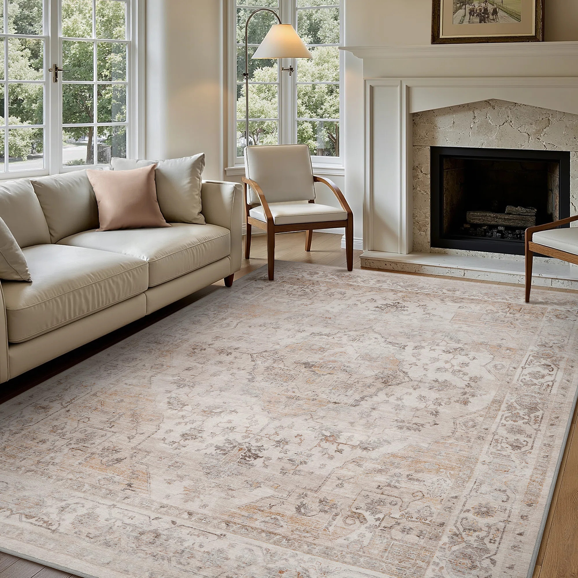 Ultra Soft Beige Machine Washable Oriental Area Rug For Living Room, Bedroom | Wayfair North America