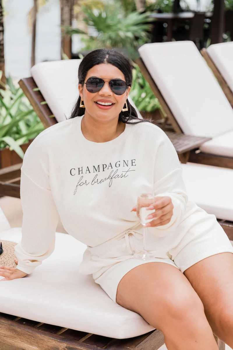 Champagne For Breakfast Ivory Cropped Cord Graphic Sweatshirt | The Pink Lily Boutique