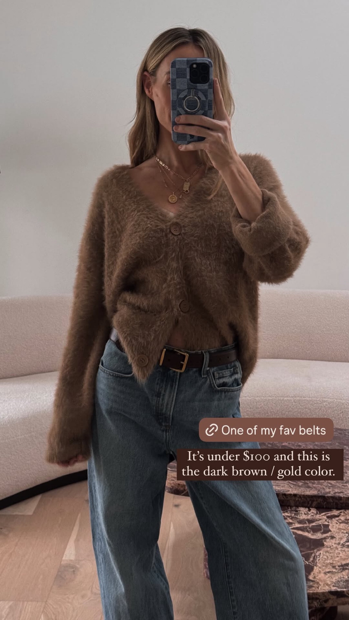 One of my fave belts. It’s under $100 and this is the dark brown/gold color. 