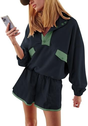 Quarter Button Sweatsuits Women Oversized Color Block Sweatshirts Sets Shorts Tracksuits 2025 Cas... | Amazon (US)