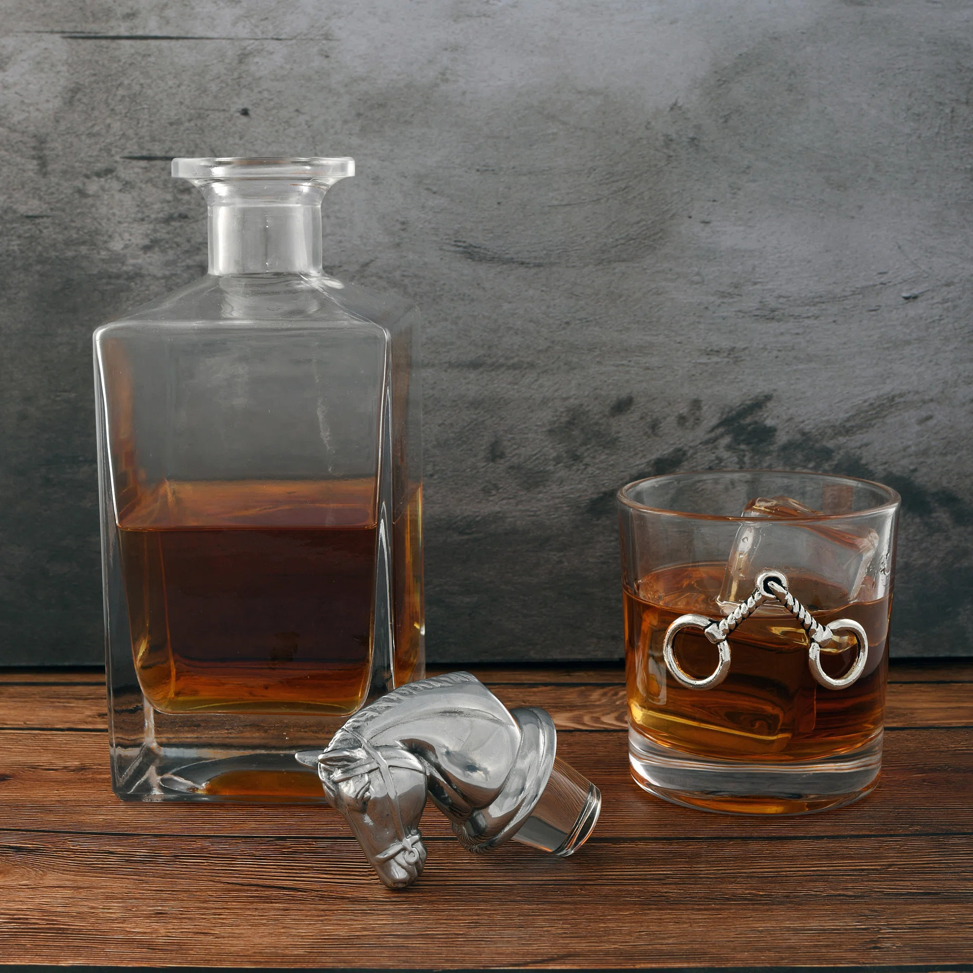 Equestrian Glass Whiskey Decanter with Pair of Bit Double Old Fashion Glasses | Wayfair North America