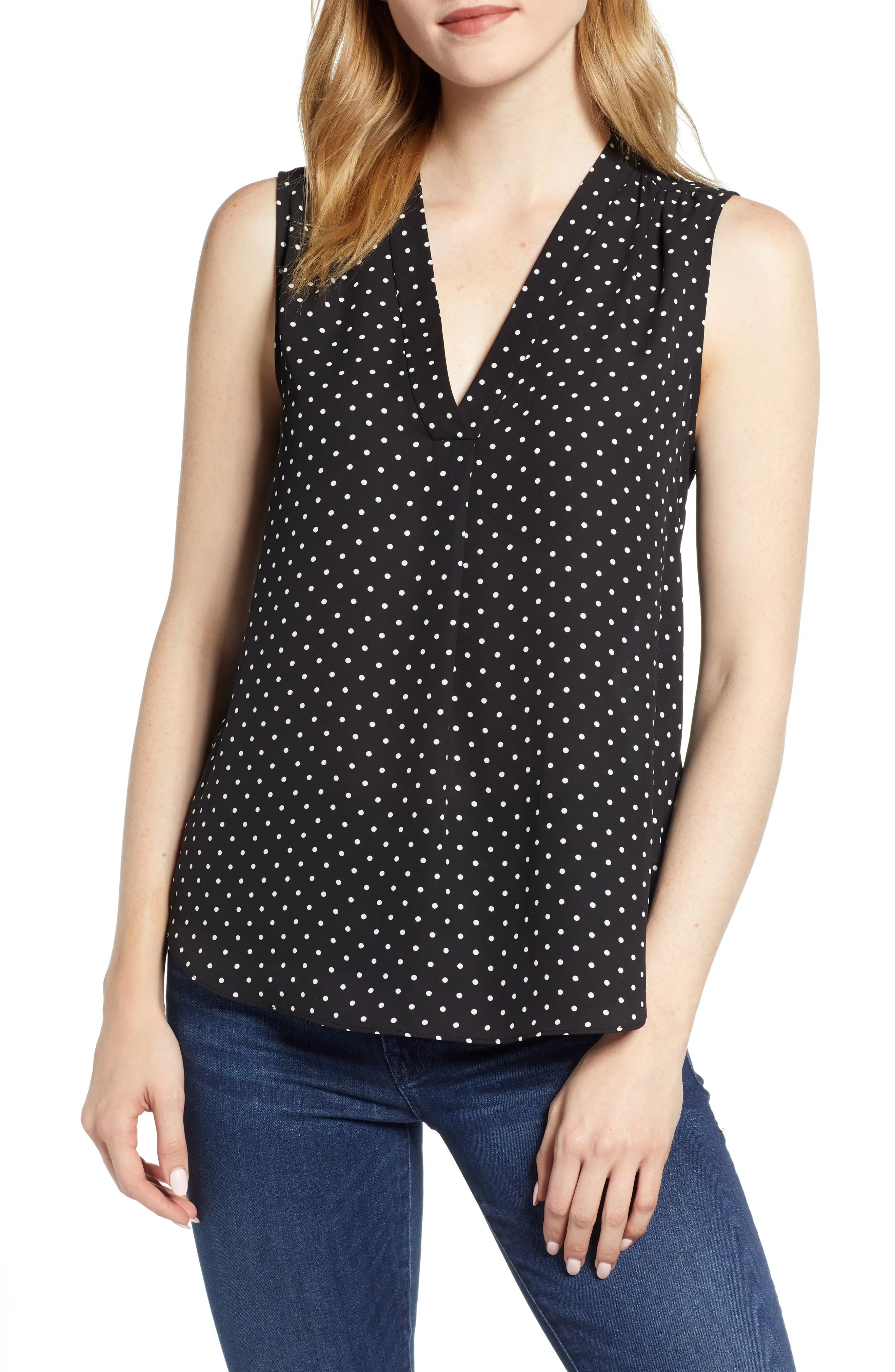 Vince Camuto Polka Dot Sleeveless Blouse in Rich Black at Nordstrom, Size X-Small | Nordstrom