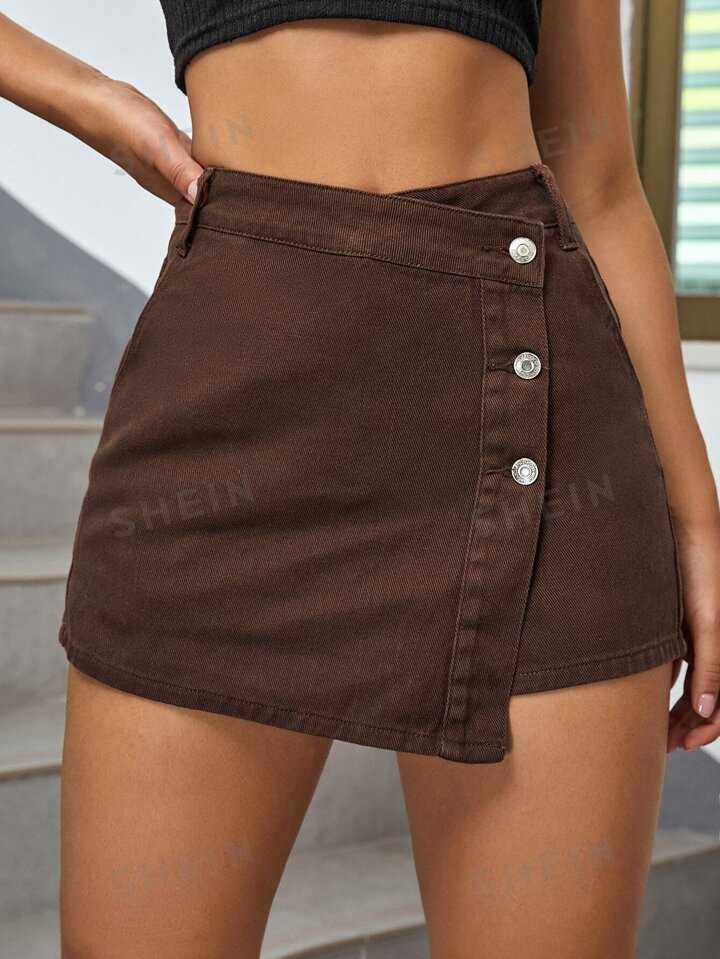 SHEIN EZwear High Waist Button Front Denim Skort | SHEIN