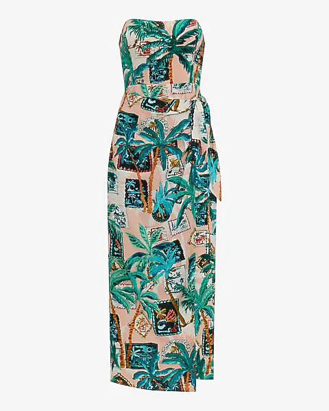 Printed Linen-blend Strapless Wrap Tie Midi Dress | Express