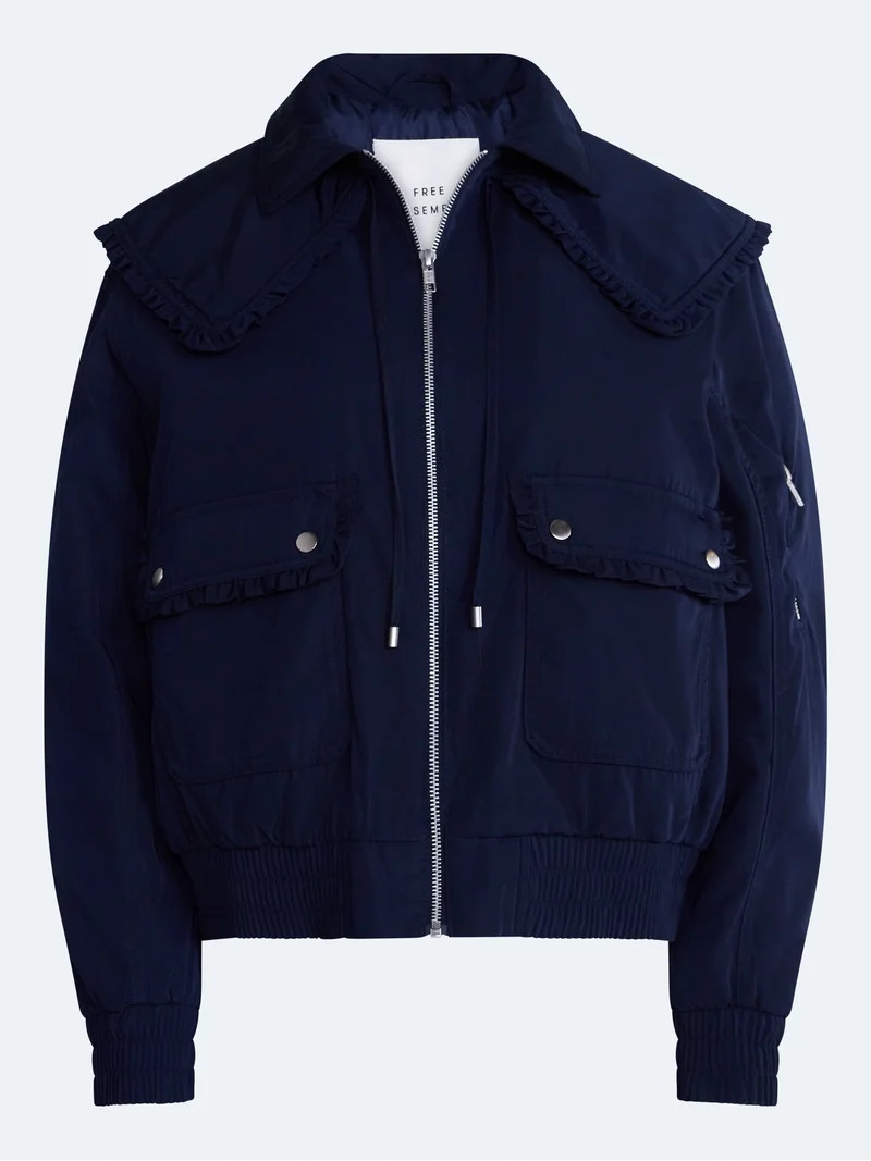 Free Assembly Women's and Women's Plus Ruffle Collar Bomber Jacket, Sizes XS-4X | Walmart (US)