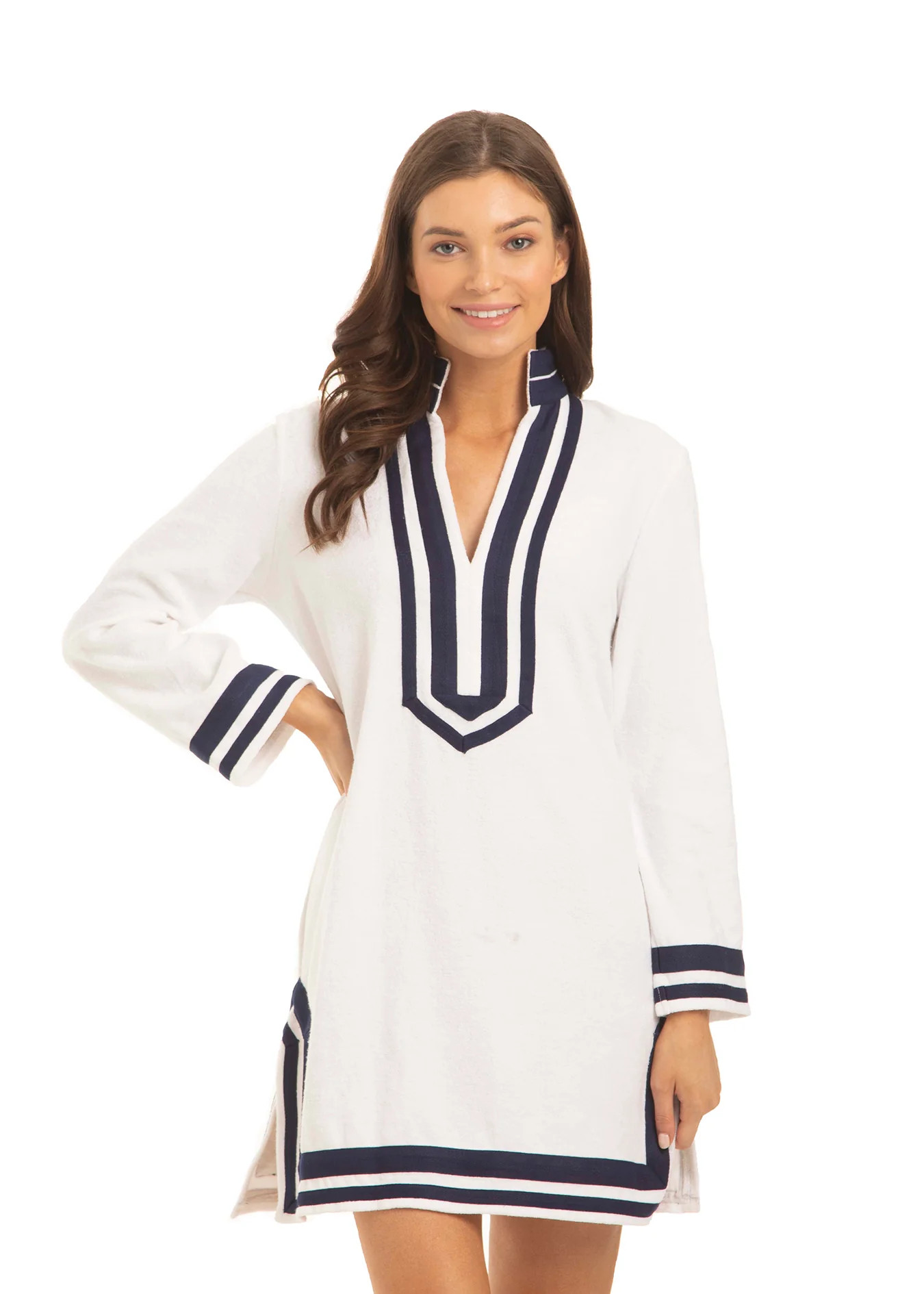 White/Navy Trim Terry Tunic | Cabana Life