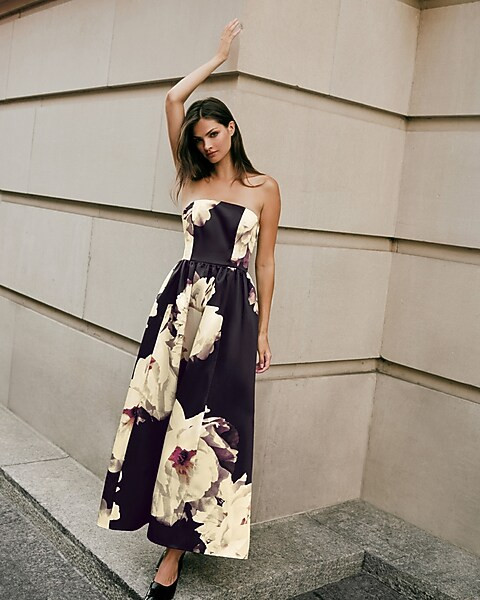 Floral Satin Strapless Fit and Flare Maxi Dress with Pockets | Express