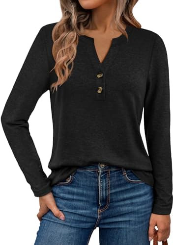 WYNNQUE Womens Long Sleeve Shirts Business Casual Outfits Dressy Tops Blouses Henley V Neck Fall ... | Amazon (US)