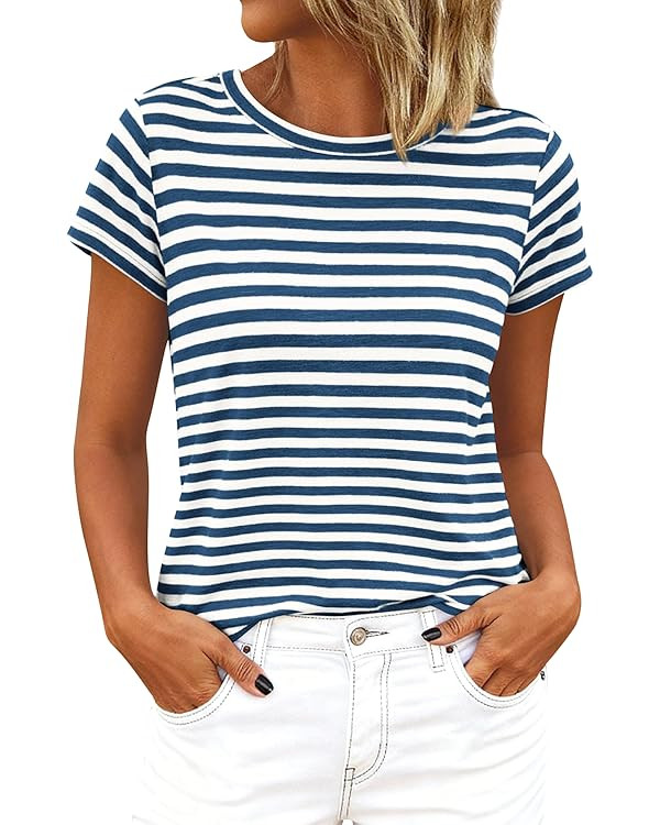 BTFBM Tops for Women Trendy Summer 2026 Crew Neck Short Sleeve T Shirts Striped Casual Vacation B... | Amazon (US)