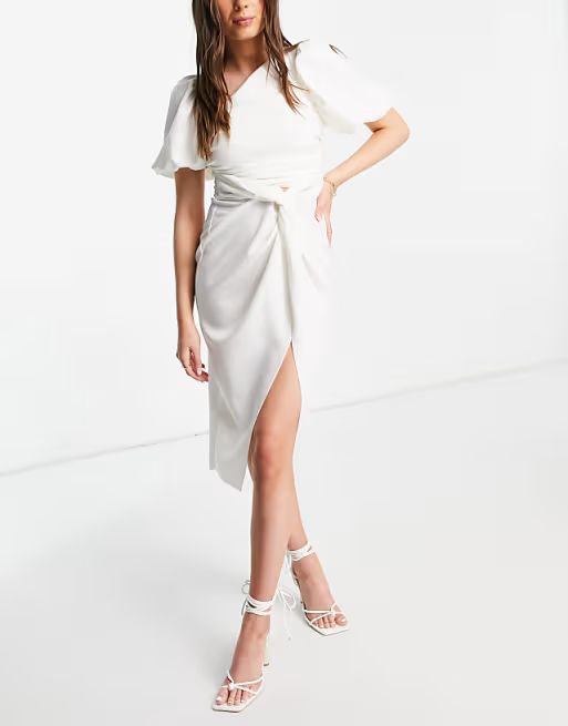 ASOS DESIGN asymmetric puff sleeve knot tuck midi dress in ivory | ASOS (Global)