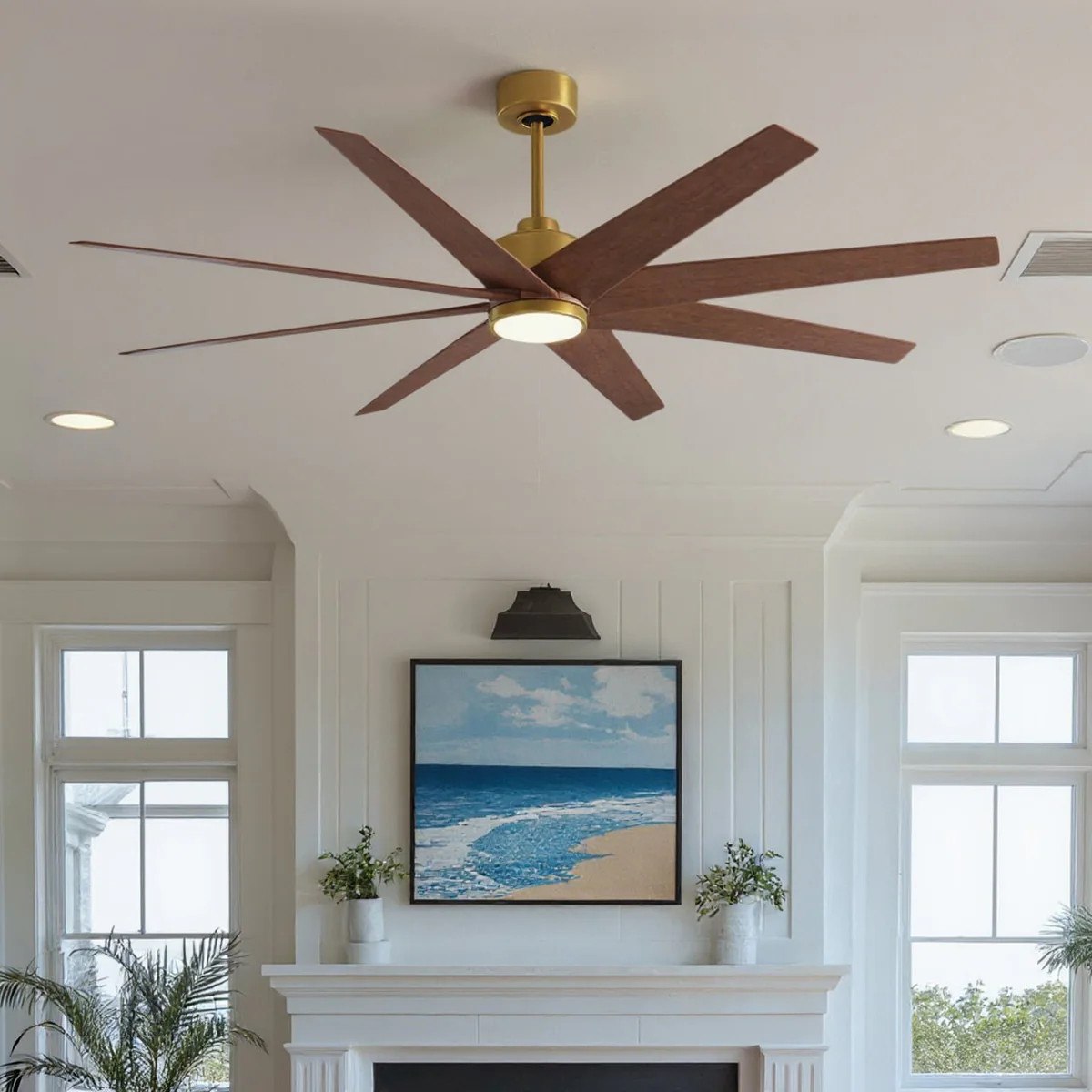 UMC9128 Modern Indoor/Outdoor Ceiling Fan, 9" (Plus Downrod) H x 64" W x 64" D, Brushed Brass Fin... | Urban Ambiance, Inc.