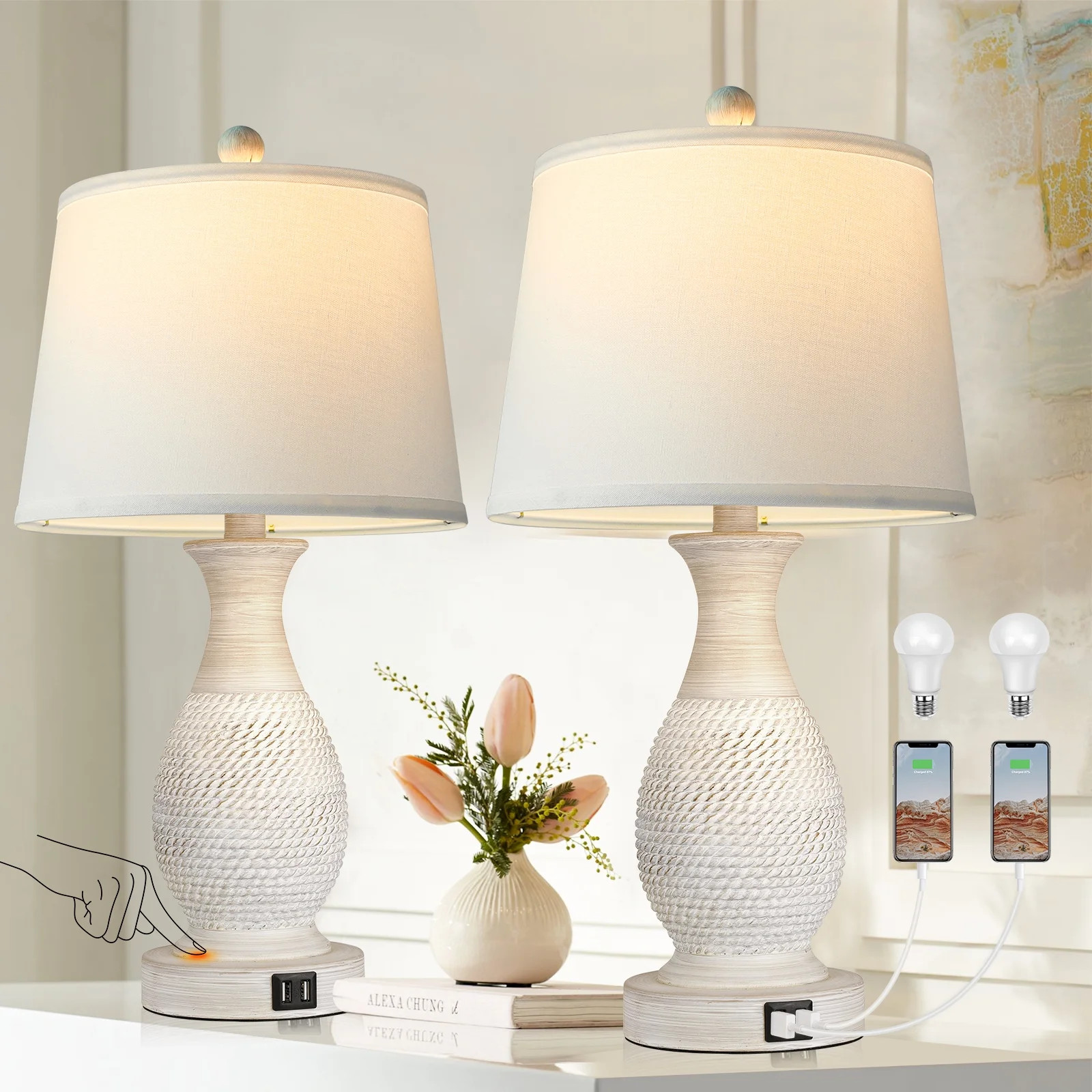 Partphoner Washed White Touch Control Table Lamp Set of 2, Resin Rustic Farmhouse Bedside Lamps | Walmart (US)