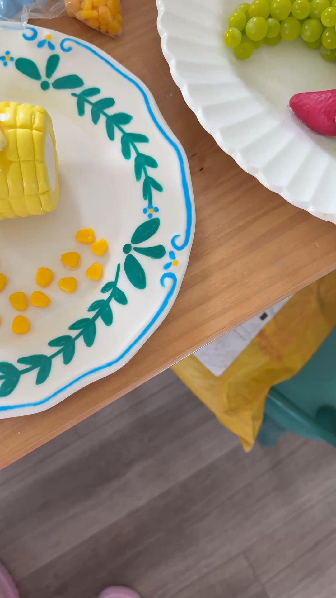 Fake food plate wall- plate, corn and bits of corn all from etsy