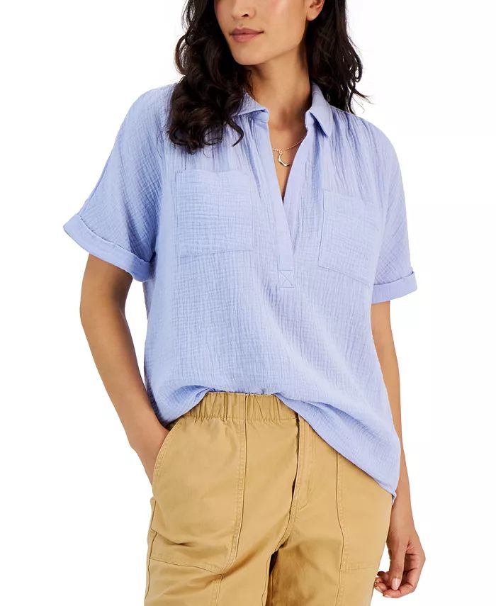 Women's Cotton Crinkle Gauze Split-Neck Top, Created for Macy's | Macys (US)