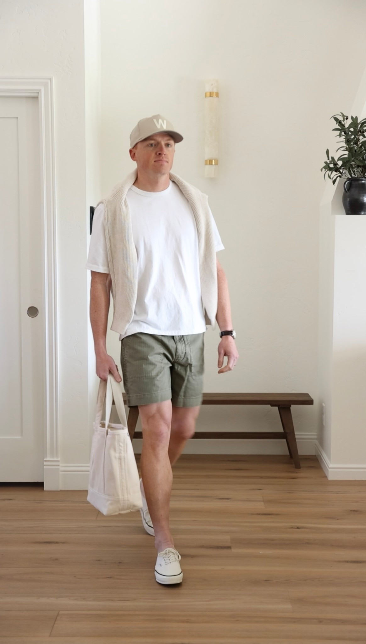 Earth tone spring transitional outfit with fatigue shorts and canvas sneakers 

#LTKMens