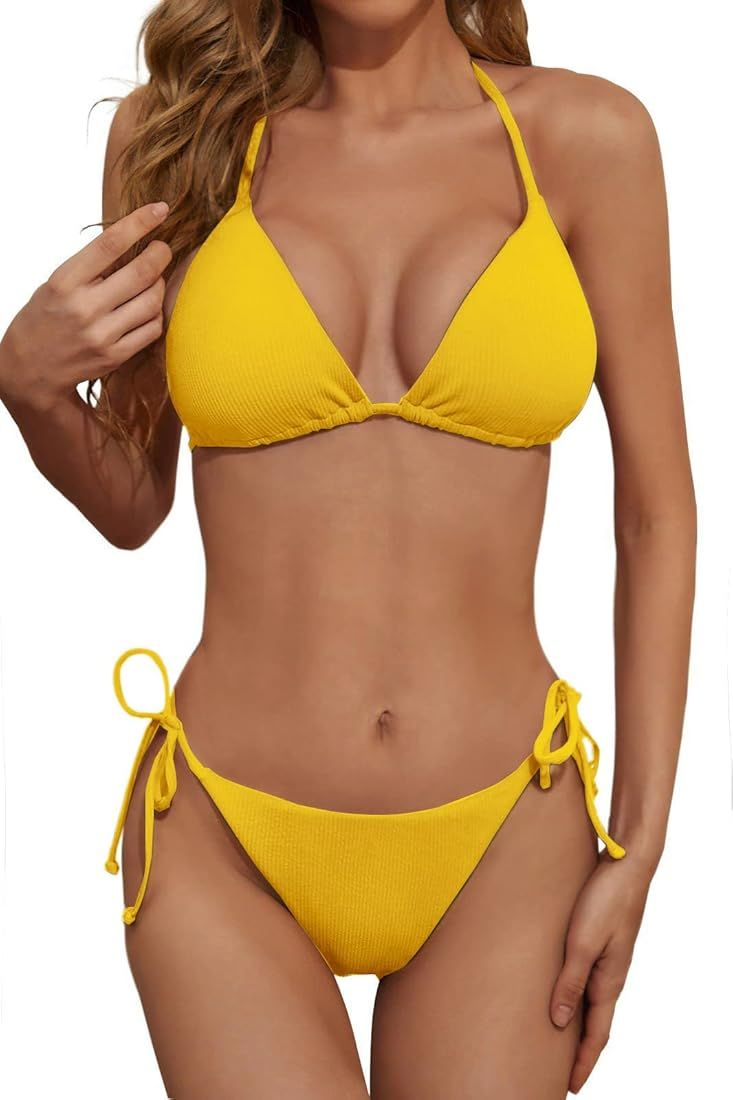 Zuvebamyo Women's Two Piece Bikini Swimsuit Sexy Ribbed Triangle Top Bathing Suits String Cheeky ... | Amazon (US)