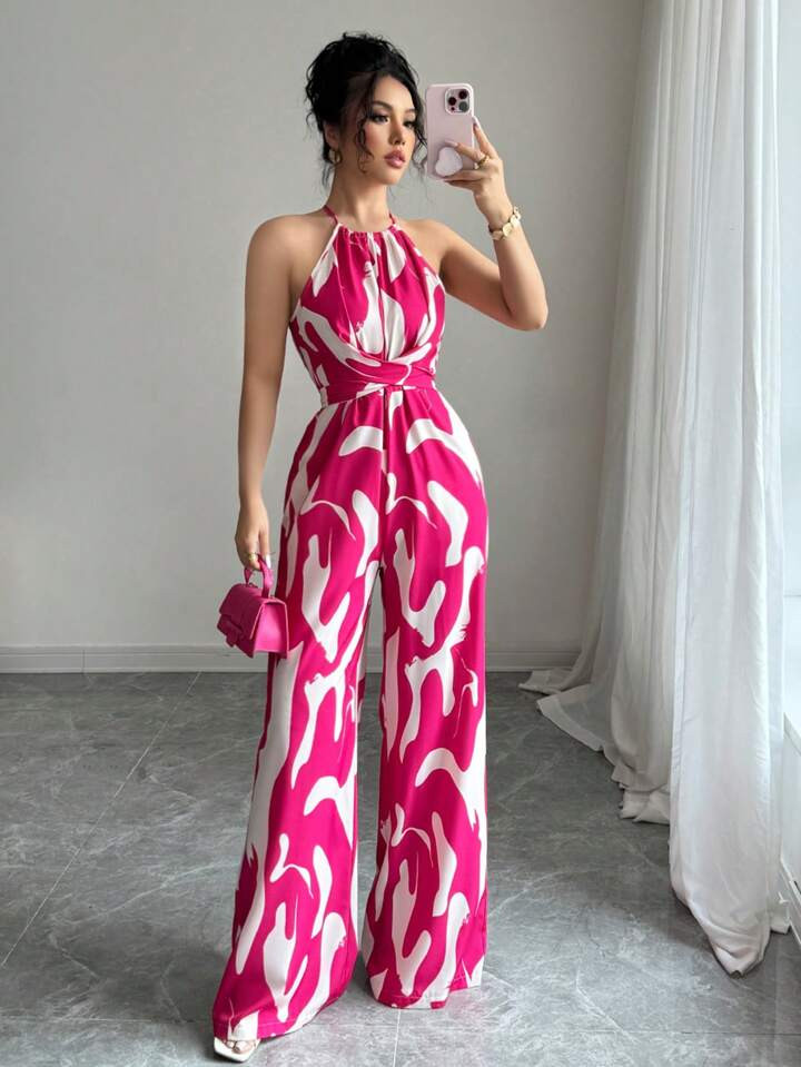 Elenzga Women's Printed Fabric Wrap Front Jumpsuit, Waist Defined Design For Holiday & Everyday E... | SHEIN