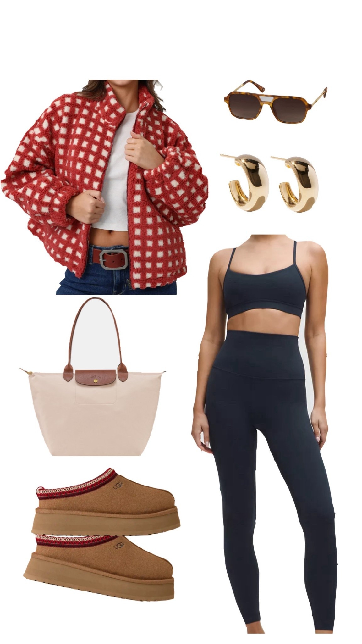 Fall outfits, autumn outfit inspo, workout sets, hiking outfits, lululemon sets, red plaid jacket, navy workout sets, Uggs, red outfits, neutral tones, fall tones, girly dresses, fall, longchamp bag, gold jewelry, outfits for girls trip, atheistic outfits, Pilates outfits, 
